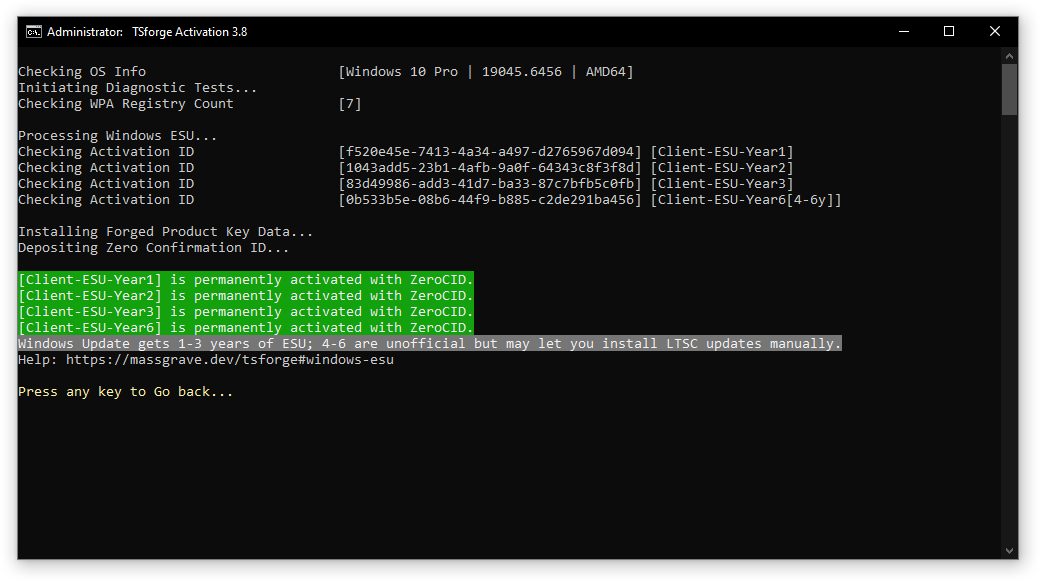MAS TSforge activation for Windows ESU