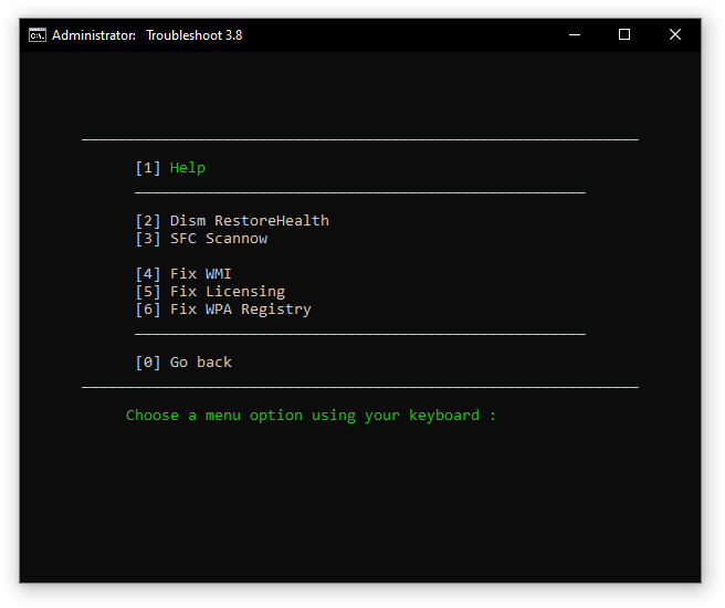 MAS troubleshoot menu