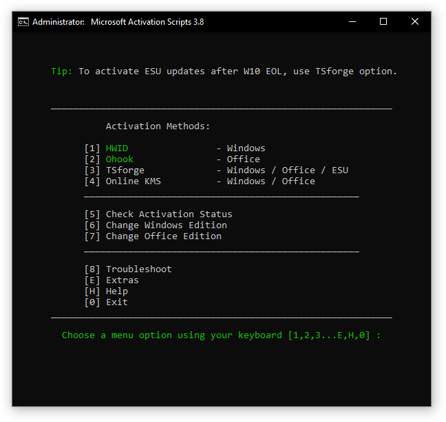 Microsoft Activation Scripts 3.8 main menu