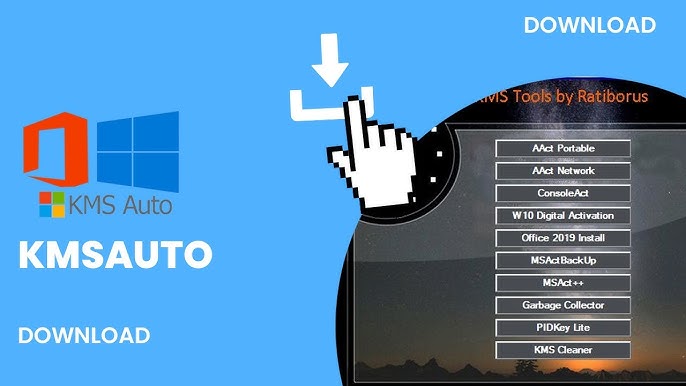 KMSAuto download menu showing AAct, ConsoleAct, MSAct++ and other Ratiborus KMS tools